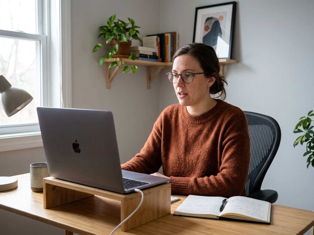 Person wearing headphones answering questions on a laptop video call in a quiet home office, like a job interview