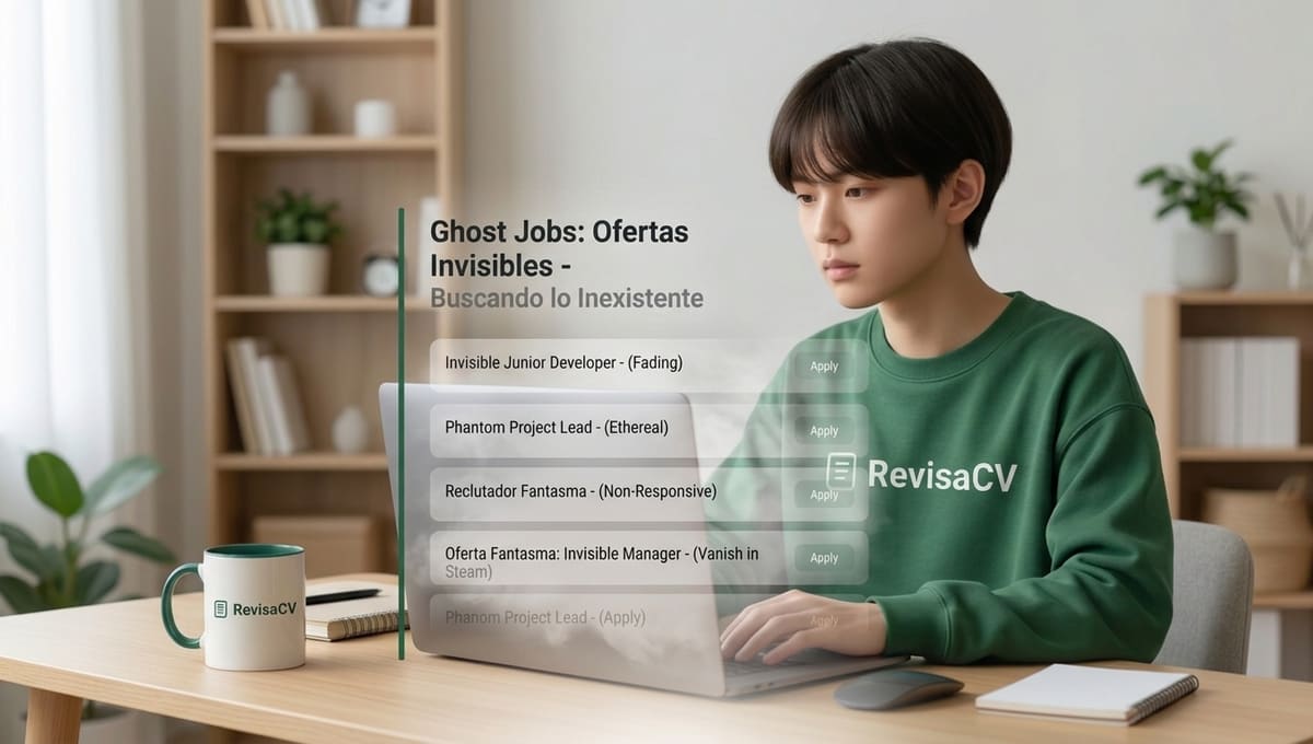 Person applying to jobs on a laptop, with a faded list of job postings symbolizing fake listings