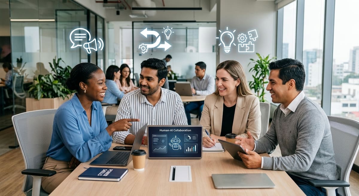 Small group of professionals collaborating around a table, with subtle icons for communication, adaptability, and problem-solving